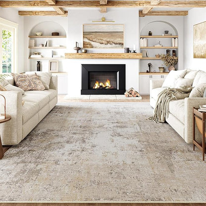 10x12 Area Rug Beige Grey Abstract Living Room Bedroom Washable Carpet Neutral Modern Non Slip Soft Low Pile Indoor Large Throw Rug for Dining Room Office