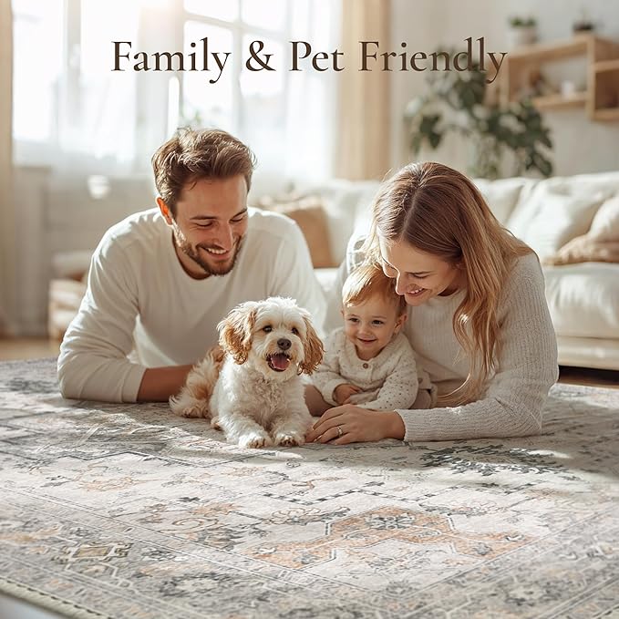 GENIMO Runner Rug 2'6"x4 Machine Washable Non Slip Vintage Hallway Runner Rug, Low Pile Lightweight Rugs for Indoor Entryway, Hallway, Kitchen and Corridor, Light Taupe Brown