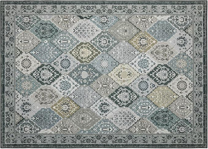 Phantoscope Washable Area Rug 5'x7' Non-Slip, Vintage Boho Rugs for Living Room, Bedroom, Dining Room, Distressed Moroccan Mosaic Diamond Pattern, Low-Pile Foldable Floor Carpet, Grey Charcoal