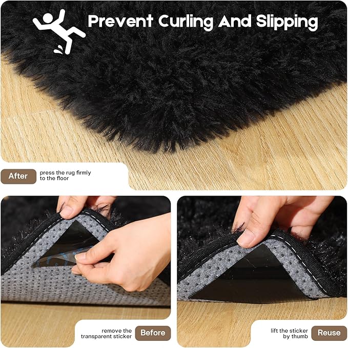 3x5 Black Rug for Bedroom Living Room, Fluffy Small Area Rug Soft Shag Carpet for Kids Boys and Girls Room with 4 Rugs Non-Slip Stickers Dorm Home Decor (3ft x 5ft)