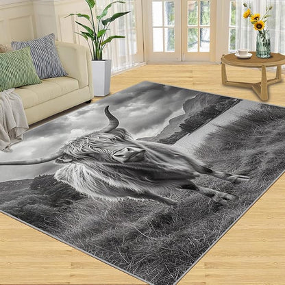 Highland Cattle Rugs for Bedroom - 3x4 Area Rug - Black White Highland Cattle Rugs for Living Room, 3D Natural Landscape Rug, Non-Slip Washable Home Decor Carpet