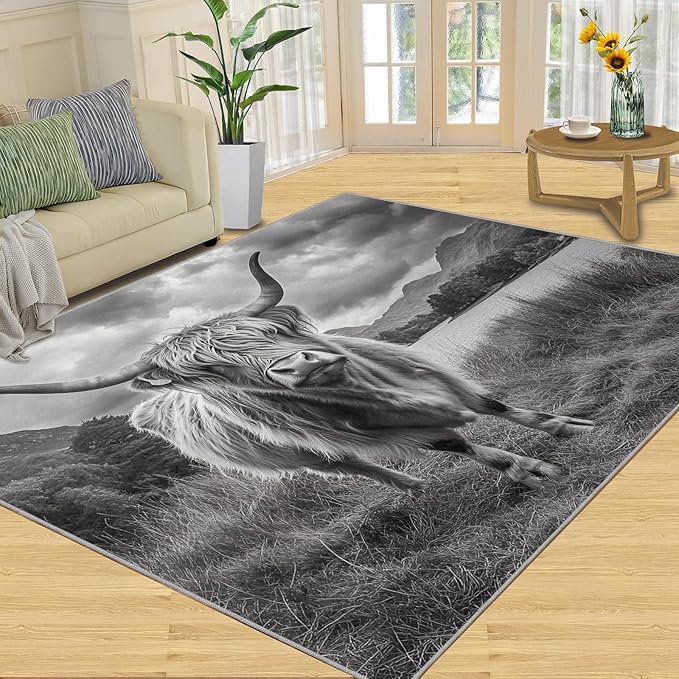 Highland Cattle Rugs for Bedroom - 4x5 Area Rug - Black White Highland Cattle Rugs for Living Room, 3D Natural Landscape Rug, Non-Slip Washable Home Decor Carpet