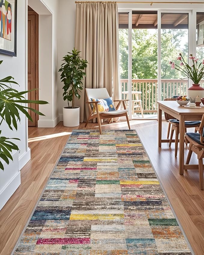 LUMI Washable Runner Rug, 3'x10' Non-Slip Hallway Mat, Low Profile Thin Long Carpeet for Laundry Kitchen Bedroom Office, Multicolor