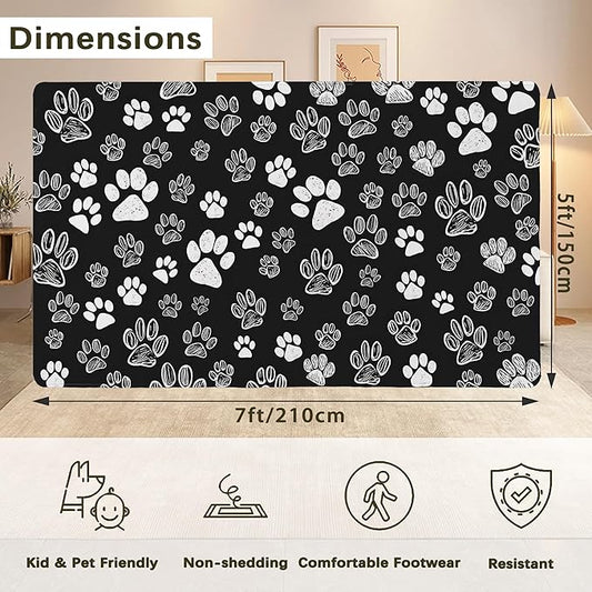 Cat Paws Black Area Rug for Living Room, Non-Slip Backing Low Pile Modern Abstract Rug for Indoor Use, 5x7 Washable Carpet