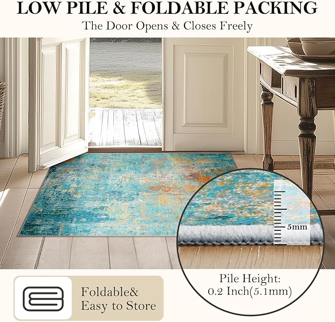 Washable Area Rugs 8'x10' Non-Slip Modern Abstract Soft for Living Room Entryway Bedroom Nursery, Print Pattern, Teal Blue Green Orange Rust Red Colorful