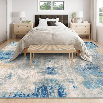 Lahome Modern Abstract 9x12 Area Rugs for Living Room, Washable Living Room Rug for Bedroom Low Pile Non Slip, Soft Indoor Accent Carpet for Dining Room Table Apartment, Blue/Grey