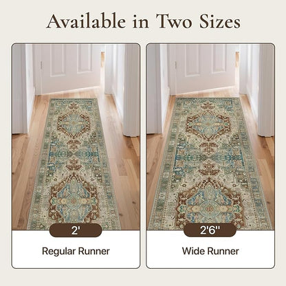 GENIMO 2'6'' X 8' Runner Rugs for Entryway,Machine Washable Vintage Floor Cover Foldable Modern Non Slip Rug, Low Pile Soft Carpet Floral Print Mat for Indoor Entryway/Bathroom/Kitchen,Sage Green