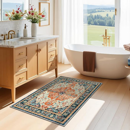 U'Artlines 2x3 Washable Boho Area Rug, Small Non Slip Vintage Doormat for Indoor Front Door Ultra Thin Mat Carpet for Entryway Kitchen Bathroom Bedroom Orange/Multi