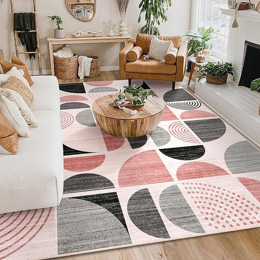 MUJOO Pink Washable Rugs 8x10,Boho Area Rugs for Living Room Bedroom,Large Throw Floor Carpet Non Slip Soft Modern Abstract Pink and Grey