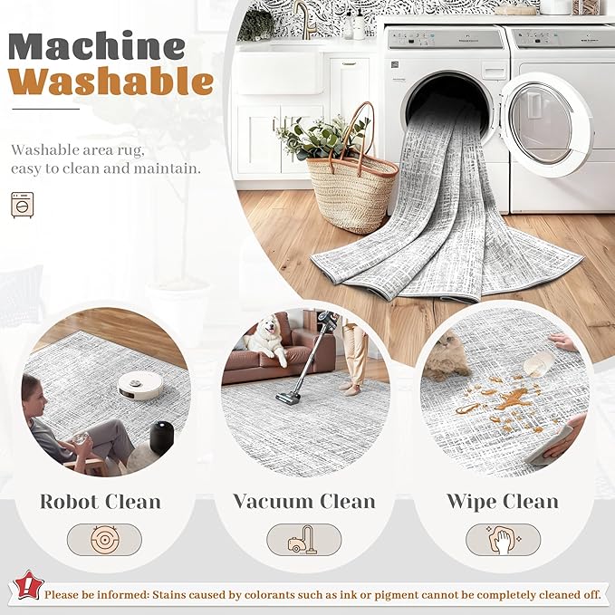 5x7 Area Rugs for Living Room, Washable Large Area Rug Neutral Modern Abstract Bedroom Rug Soft Non Slip Low Pile Stain Resistant Indoor Carpet for Nursery Kids Dining Room Office(Grey, 5'x7')