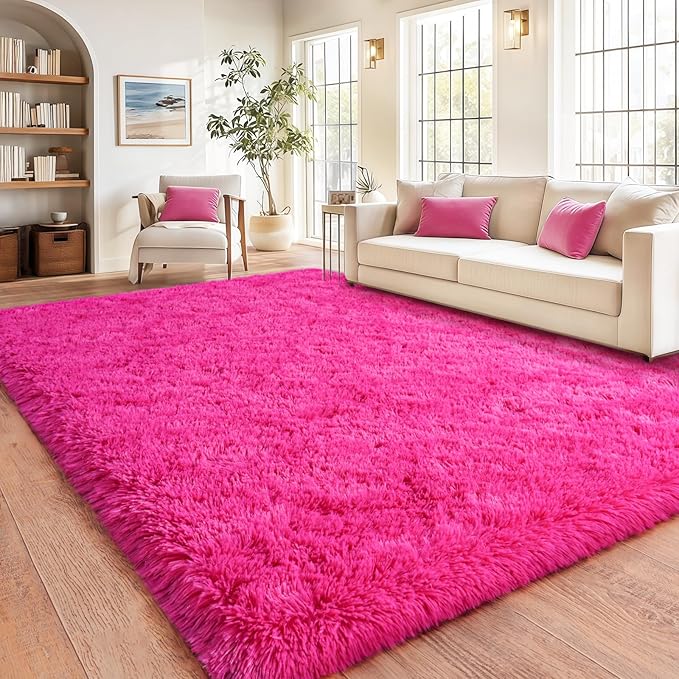Fluffy Rugs for Living Room, Soft Shaggy for Bedrooms, Hot Pink Area Rug for Bedroom, Cozy Fuzzy Carpet for Kids, Perfect Indoor Decor for Boys and Girls 6x9 Feet