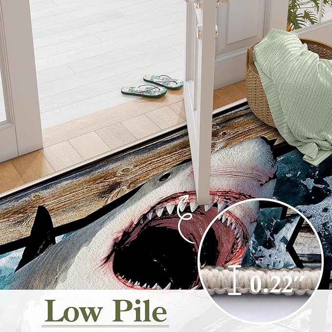 Sea Shark Kids Rugs, 6x8ft, Fierce Shark 3D Printed Carpet for Indoor, Marine Animals Broken Wooden Boards Realistic Effect Floor Mat, Dirty Resistant Machine Washable Carpets for Dorm