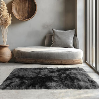 Zentavio Area Rugs for Living Room Small Carpet for Bedroom 3x5 Bedside Washable Soft Fluffy Shag Aesthetic Plush High Pile Throw Rug for Nursery Kids Room Dorm Room Tie-Dyed Black Grey