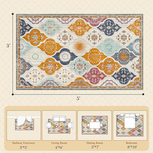 EnHomee Area Rugs 3x5, Soft Washable Rugs for Living Room Bedroom, Boho Non Slip Low Pile Stain Resistant Washable Rug Large Carpet for Dining Room,Easy to Clean Living Room Rug, Colorful