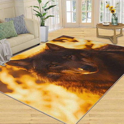 Wolf Rugs for Bedroom - 3x4 Area Rug - Timber Wolf Rugs for Living Room, Sunset Landscape Rug, Non-Slip Washable Home Decor Carpet