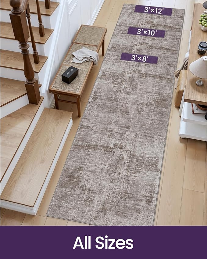 DEXI Hallway Runner Rug 3x8, Modern Abstract Non Slip Thin Soft Runners Carpet, Stain Resistant Washable Indoor Rug for Hallway Entryway Kitchen Laundry Room Living Room, Red Brown