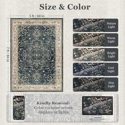 Distressed Vintage 5x7 Area Rugs for Living Room Bedroom Non Slip Washable, Medallion Pattern Printed Low Pile Farmhouse Carpet Rugs for Dining Room/Kitchen/Home Office, Midnight/Multi
