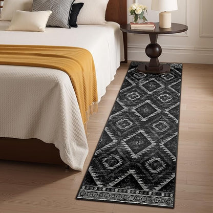 Area Rug 2x8 Rug Machine Washable Non-Slip Low Pile Print Pattern Western Rug for Living Room Bedroom Entryway Tribal Series-Black