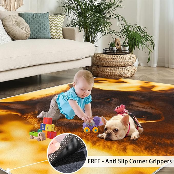 Wolf Rugs for Bedroom - 4x5 Area Rug - Timber Wolf Rugs for Living Room, Sunset Landscape Rug, Non-Slip Washable Home Decor Carpet