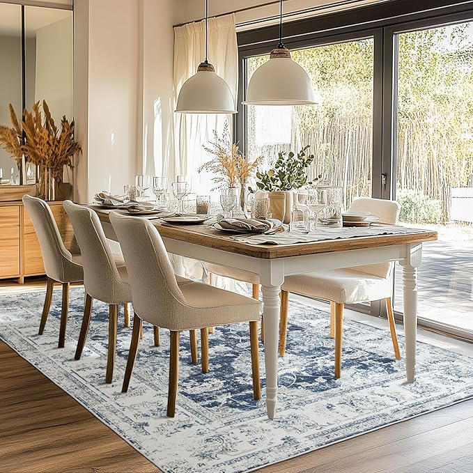 jinchan Vintage Floral 5x7 Area Rug for Bedroom - Machine Washable Distressed Design Stain Resistant Boho Carpet Ultra-Thin Low Pile Non-Slip Rug for Living Room Dining Room Kitchen (5‘x7', Dark Blue)