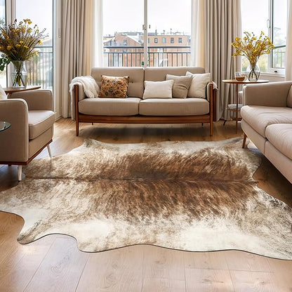 AROGAN Western Decor Faux Fur Cowhide Rug, 3.6 x 2.3 Feet Premium Animal Skin Cow Hide Rug, Sturdy Cow Print Rugs for Wall Decor, Western Floor Carpet for Bedroom Living Room, Brownish