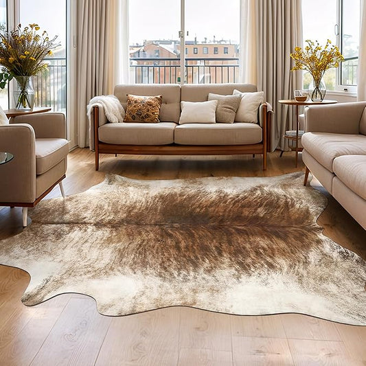 AROGAN Western Decor Faux Fur Cowhide Rug, 3.6 x 2.3 Feet Premium Animal Skin Cow Hide Rug, Sturdy Cow Print Rugs for Wall Decor, Western Floor Carpet for Bedroom Living Room, Brownish