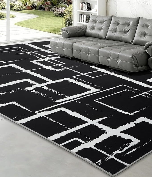 YIHOUSE Black Modern Geometric Area Rug 8x10, Black and White Rug with Abstract Rectangular Patterns,Non-Shedding Washable Rugs for Bedroom, Home Office and Living Room