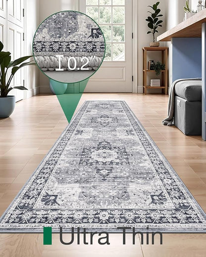 LUMI Runner Rug 3x10, Washable Non-Slip Hallway Throw Rugs, Long Soft Thin Vintage Oriental Kitchen Mats, Low-Pile Indoor Kitchen Entryway Area Rug, Dusty Blue