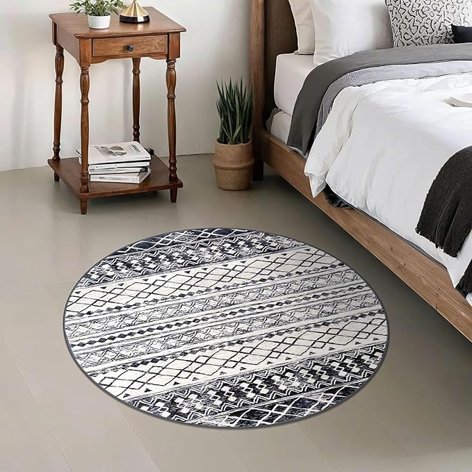 KUTA Round Washable Rug 3Ft Boho Black Navy Blue Entryway Rugs, Moroccan Foyer Kitchen Carpet Non-Slip, Soft Distressed Geometric Low-Pile Circle Throw for Hallway Bedroom Nursery Dorm