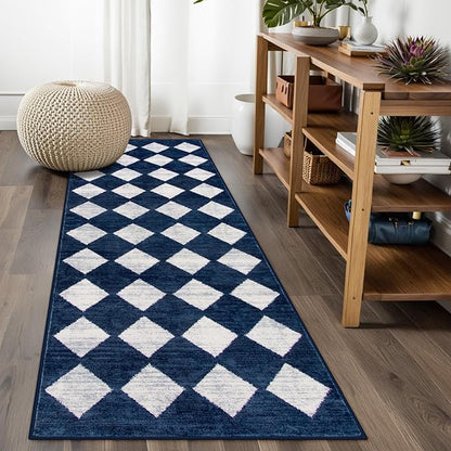 Lahome Checkered Washable Runner Rug,2x6 Rug Runners for Hallways Non Slip,Blue Kitchen Runner Rug,Moroccan Trellis Soft Low Pile Carpet Runners for Entryway Laundry Room Bathroom(2'x6',Blue)