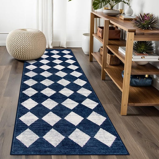 Lahome Checkered Washable Runner Rug,2x6 Rug Runners for Hallways Non Slip,Blue Kitchen Runner Rug,Moroccan Trellis Soft Low Pile Carpet Runners for Entryway Laundry Room Bathroom(2'x6',Blue)