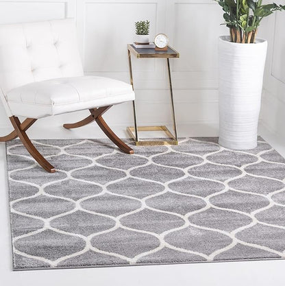 Rugs.com Lattice Frieze Collection Rug – 8' Square Light Gray Medium Rug Perfect for Living Rooms, Kitchens, Entryways