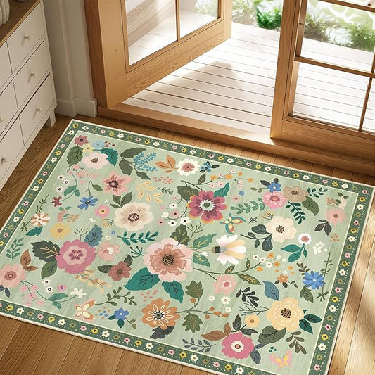 Floral 2x3 Area Rug Machine Washable Soft Print Boho Carpet Non Slip Doormat Low Pile Flower Area Rugs for Living Room Bedroom Nursery Kitchen Dining Room Indoor-Light Green