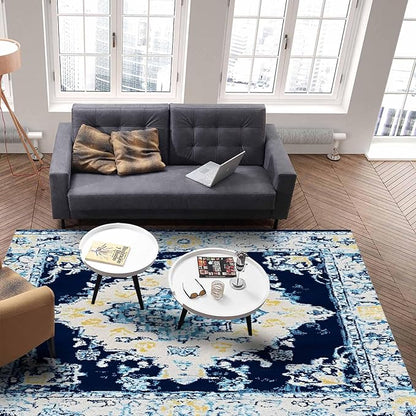 Bohemian Pattern Rectangular Area Rugs for Living Room Bedroom 4 x 6 ft Blue & Yellow Abstract Non-Shedding Soft Low Pile Rug Non Slip Washable Rug for Nursery Entryway Playroom