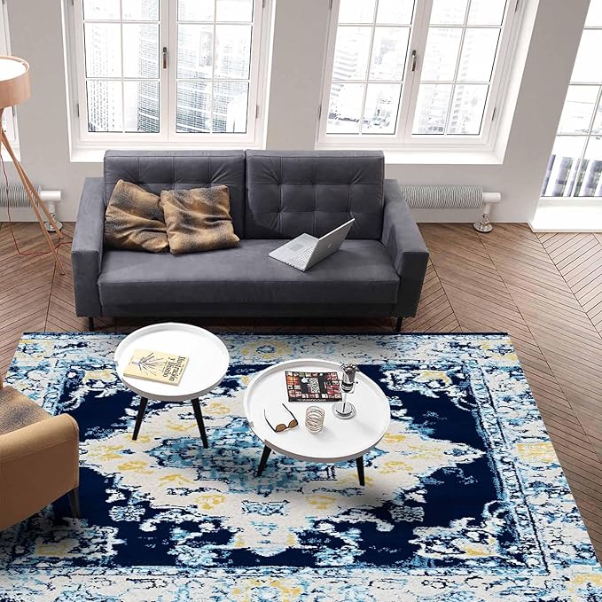 Bohemian Pattern Rectangular Area Rugs for Living Room Bedroom 2.8 x 5 ft Blue & Yellow Abstract Non-Shedding Soft Low Pile Rug Non Slip Washable Rug for Nursery Entryway Playroom