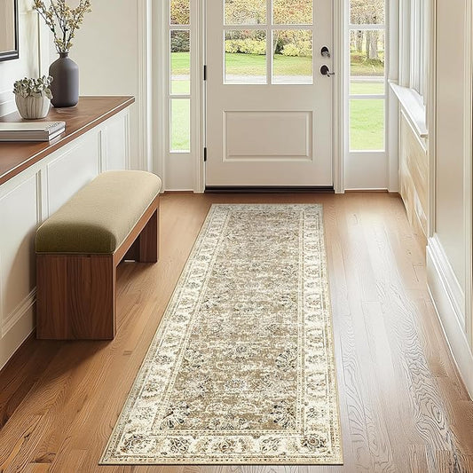 jinchan Fiora Runner Rug 2x5 Machine Washable Hallway Rug Taupe Vintage Floral Print Non-Slip Low Pile Ultra-Thin for Kitchen, Entryway, Laundry Room, Bedroom, Farmhouse (2‘x5’, Taupe)