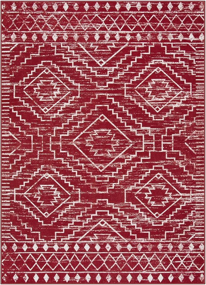 Wonnitar Moroccan Washable 5x7 Rug for Living Room, Soft Chrisrmas Rug for Bedroom, Non-Slip Stain Resistant Geometric Floor Carpet for Dining Table Kitchen Dorm (Red,5'x7')