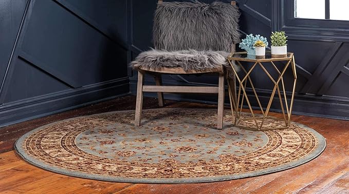 Unique Loom Voyage Collection Traditional Oriental Classic Intricate Design Area Rug (8' 0 x 8' 0 Round, Light Blue/Gold)