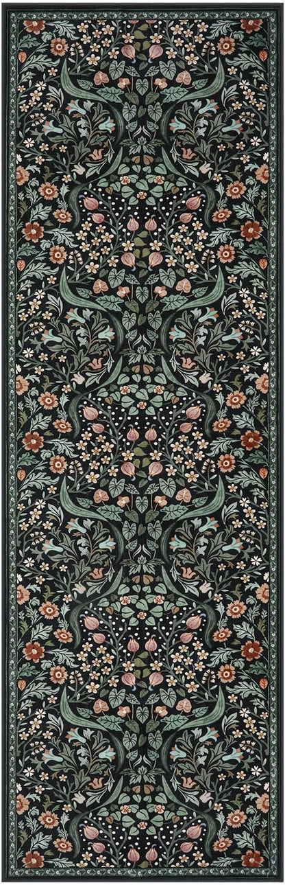 Lahome Floral Washable Runner Rug, 2.6x8 Black Runners for Hallways Non Slip, Soft Low Pile Stain Resistant Kitchen Runner with Rubber Backing, Boho Thin Long Carpet for Entrance Laundry