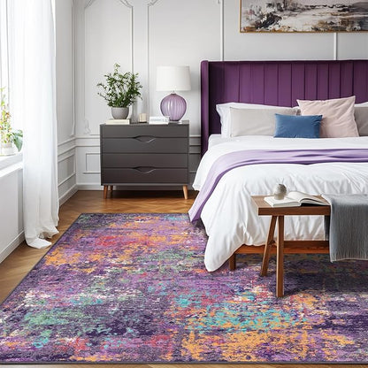Washable Area Rugs 6'x8' Non-Slip Modern Abstract Soft for Living Room Entryway Bedroom Nursery, Print Pattern, Purple Orange Blue Green Rust Red Colorful