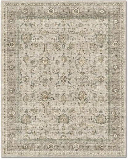 Washable 8x10 Area Rugs for Living Room, Boho Non-Slip Vintage Distress Large Rugs for Bedroom Dining Room Nursery Office, 0.3" Neutral Oriental Throw Thin Carpet, Flaxen/Brown/Multi
