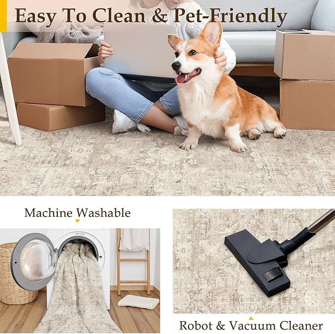 2x3 Beige Washable Area Rug for Entryway Neutral Soft Non Slip Small Carpet Low Pile Vintage Distressed Door Mat for Entrance Bathroom Bedroom Indoor