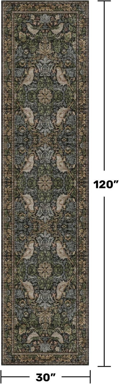 Vintage Runner Rugs for Hallways - 2'6"x10' Wide Kitchen Runners, 10 ft Long Entryway Rug, Botanical Pattern with Flowers and Leaves, Washable Non Slip Low Pile