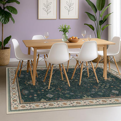 Vintage Dark Green 6x8 Dining Room Rugs for Under Kitchen Table - Washable Livinig Room Rug - Unique Floral Pastel Low Pile Non-Slip Area Rugs for Bedroom