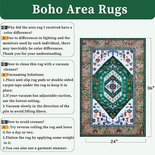 SERISSA Boho Rugs for Entryway, 2x3 Washable Non-Slip Entryway Rug Small Area Rug, Ultra Soft Oriental Vintage Green White Low-Pile Indoor Door Mat Floor Carpet for Entrance Bedroom Kitchen Bathroom