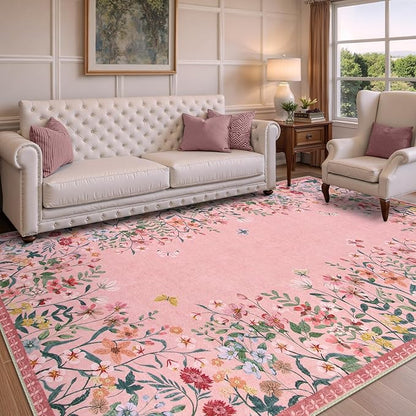 Wonnitar Washable Rug 6x9, Pink Botanical Area Rug for Girls Bedroom, Non-Slip Soft Nursery Kids Room Floral Rug Thin Throw Carpet for Dorm Living Room Decor (Pink,6'x9')
