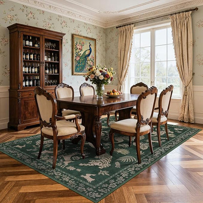 Moynesa Green 5x7 Living Room Rugs, Luxurious Vintage Boho Animal Washable Area Rug for Bedroom Dining Room Office Study, Low Pile Soft Non-Slip Easy Clean Retro Carpets for Indoor