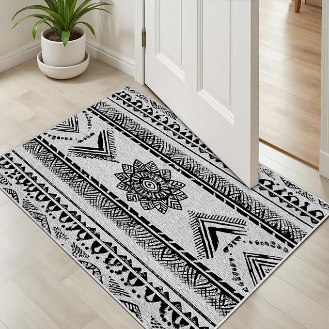 Area Rugs Moroccan for Living Room 4x6, Washable Non-Slip Boho Rug, Neutral Farmhouse Soft Carpet for Bedroom, Kitchen, Dining Room, Entryway, Geometric Print Tribal Carpets, Black and White
