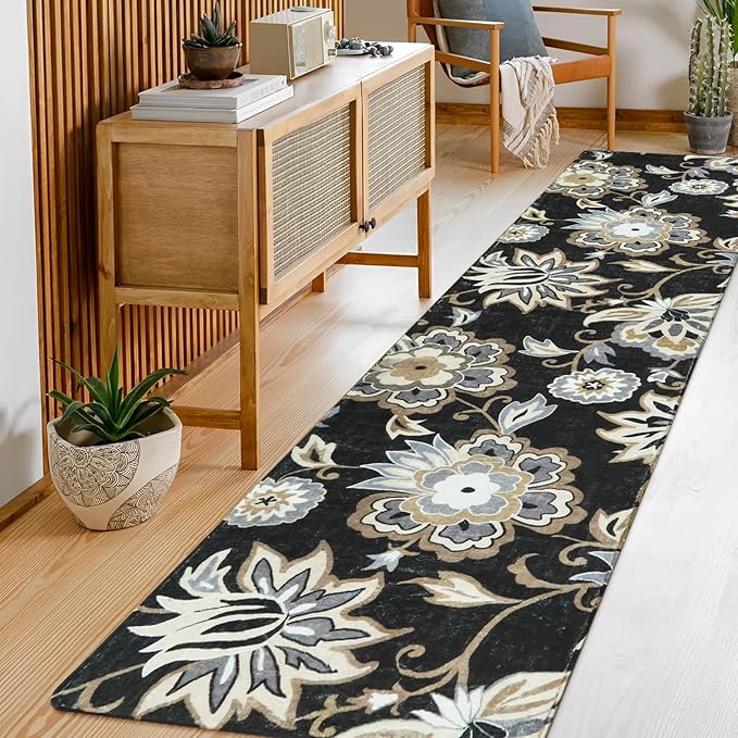Lahome Floral Black Rug Runner - Runner Rug for Hallway 2x10 Non-Slip Stain Resistant Washable Runner Rugs for Kitchen Floor, Paisley Print Accent Ultra-Thin Carpet Runners for Bedroom Foyer Entryway
