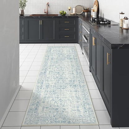 Blue Runner Rug 2x7 Hallway Machine Washable Kitchen Vintage Distressed Non Slip Long Carpet Indoor Retro Floral Bedroom Accent Throw Rug for Bathroom Office Laundry Dining Room
